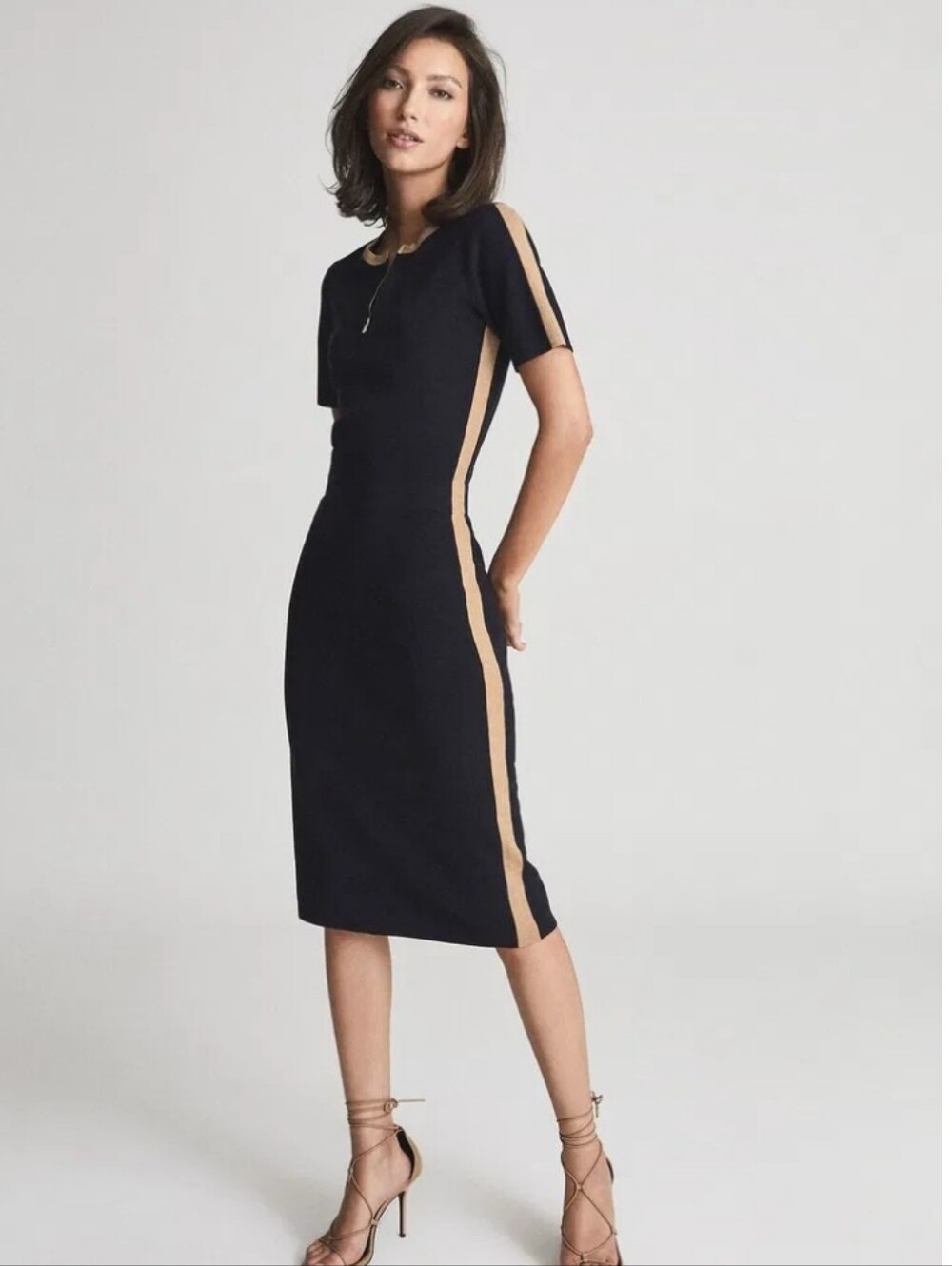 Reiss Rosie Knitted Bodycon Midi Dress Black Tan
